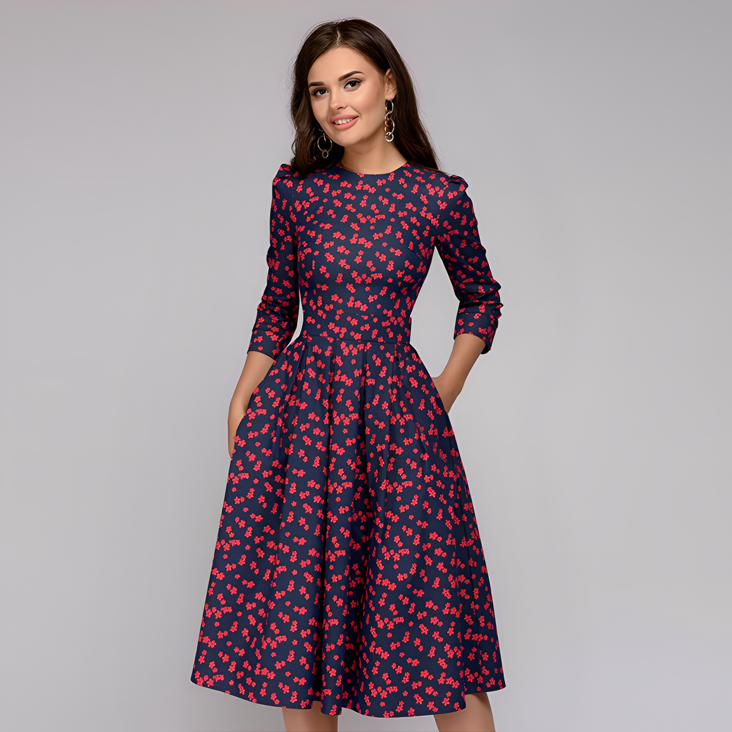 Elisabeth - Schickes Damenkleid mit langen Ärmeln und Blumendesign