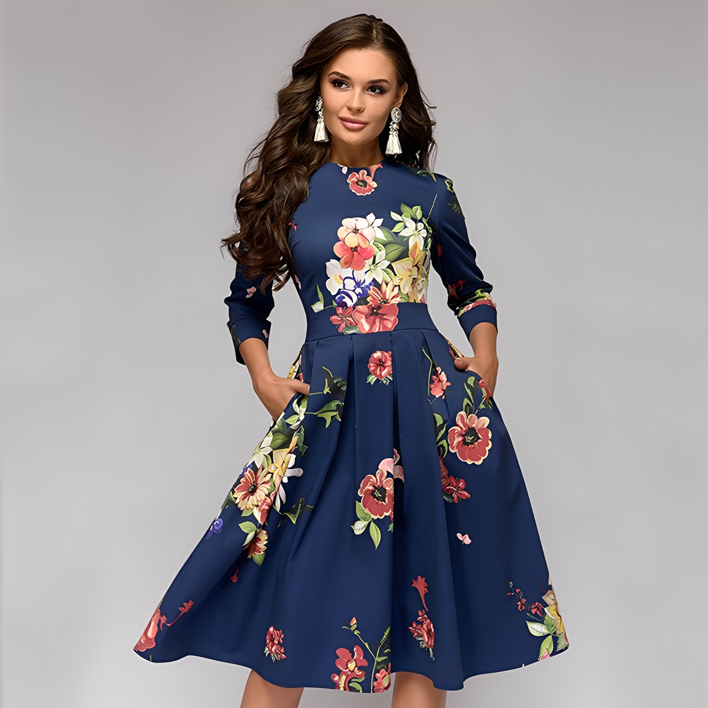 Elisabeth - Schickes Damenkleid mit langen Ärmeln und Blumendesign