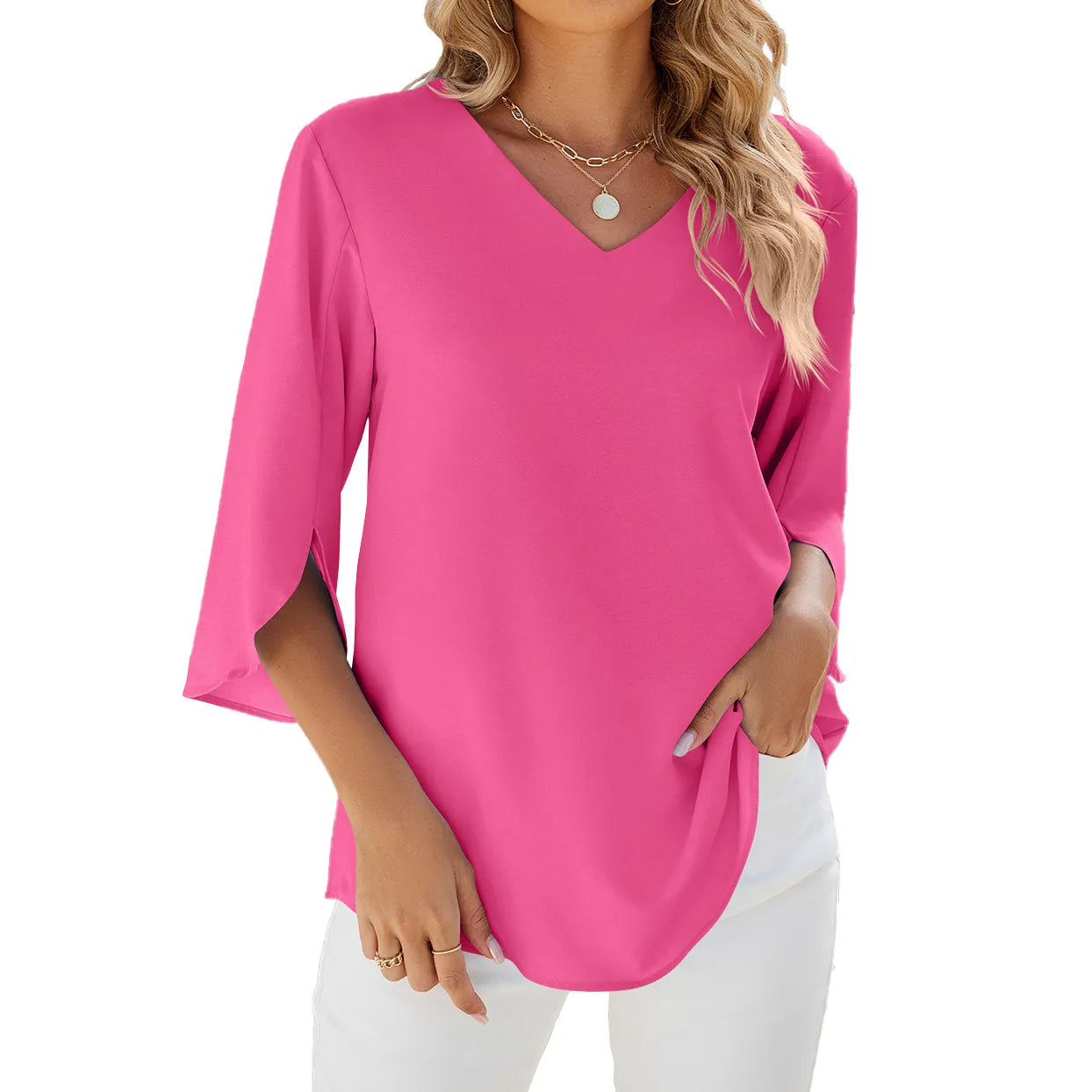 Caetana – Sheer blouse with short sleeves and V-neckline