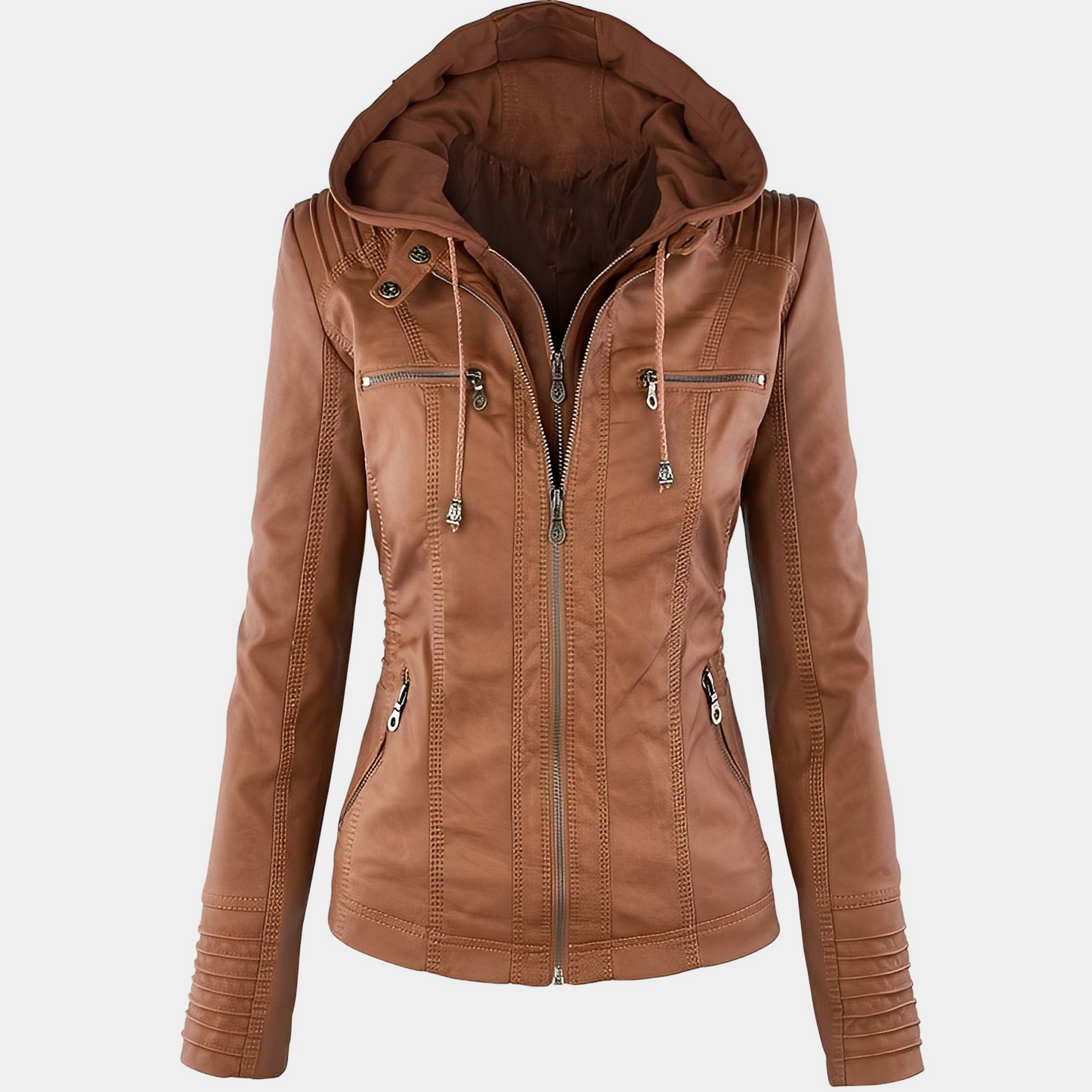 Jaylene - Moderne wasserdichte Damen-Lederjacke mit Kapuze