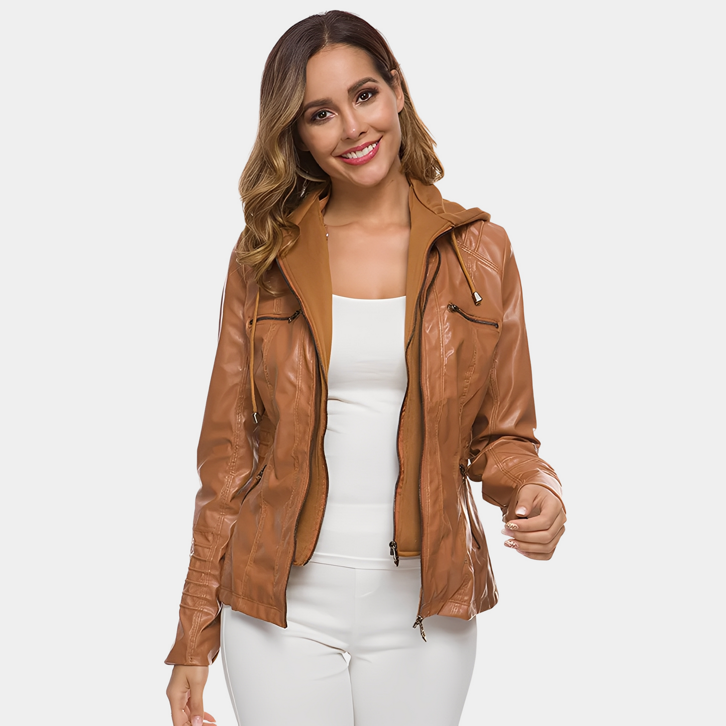 Jaylene - Moderne wasserdichte Damen-Lederjacke mit Kapuze