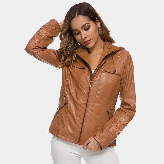 Jaylene - Moderne wasserdichte Damen-Lederjacke mit Kapuze