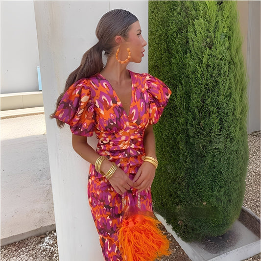 Gaëlle - Buntes Damenkleid mit gefalteten Ärmeln