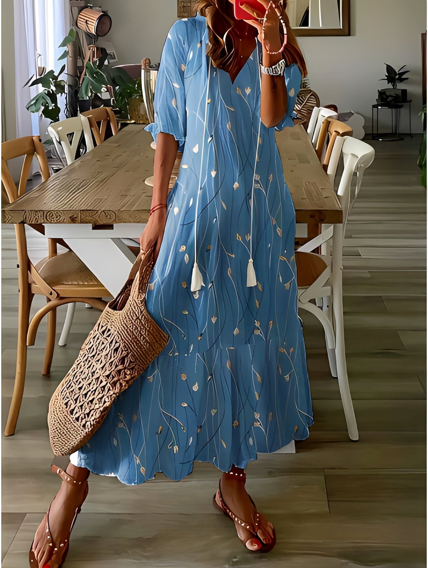 Domitille - Elegantes V-Ausschnitt-Kleid, locker geschnitten für Damen