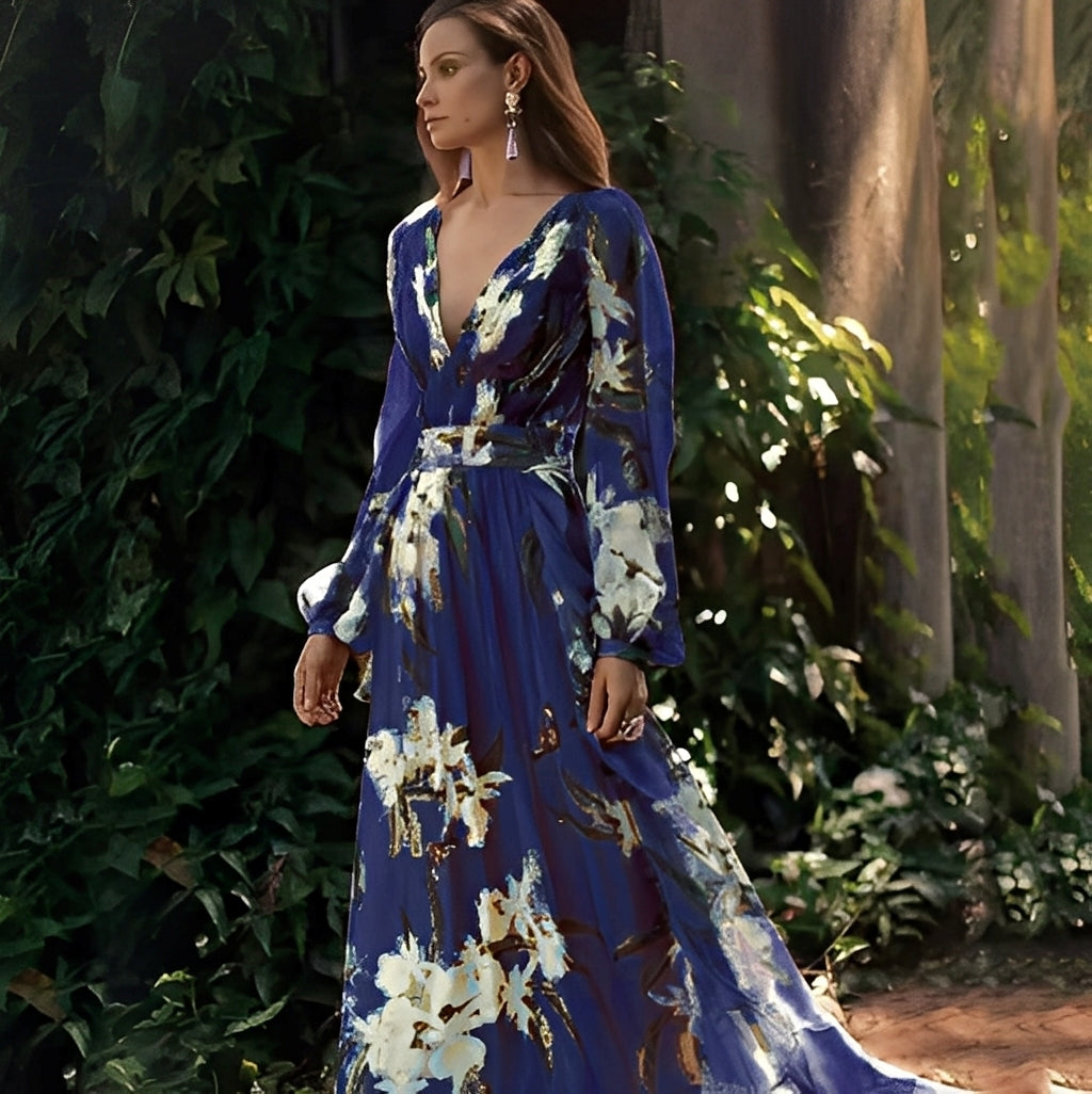 Karine - Stilvolles langes Damenkleid mit V-Ausschnitt