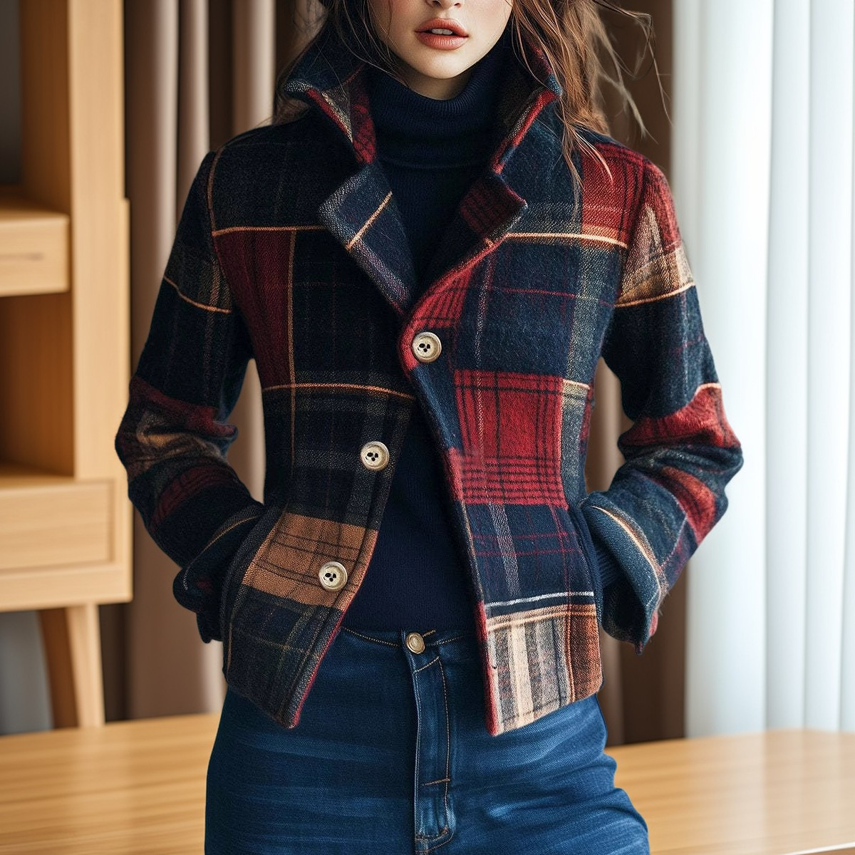 Aubriana - Damen-Retrojacke mit Karomuster und hohem Kragen