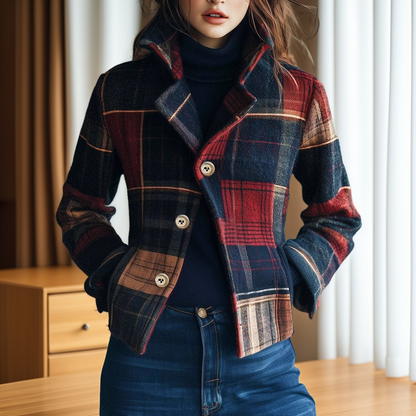 Aubriana - Damen-Retrojacke mit Karomuster und hohem Kragen