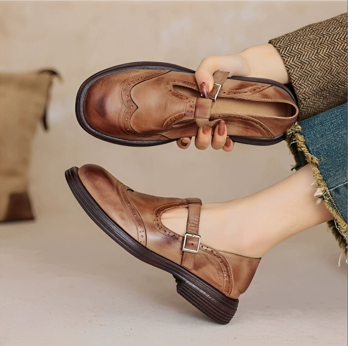 Erika - Dicke Leder-Retro-Schuhe für Damen