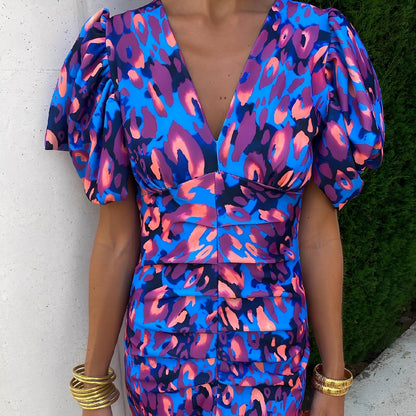 Gaëlle - Buntes Damenkleid mit gefalteten Ärmeln