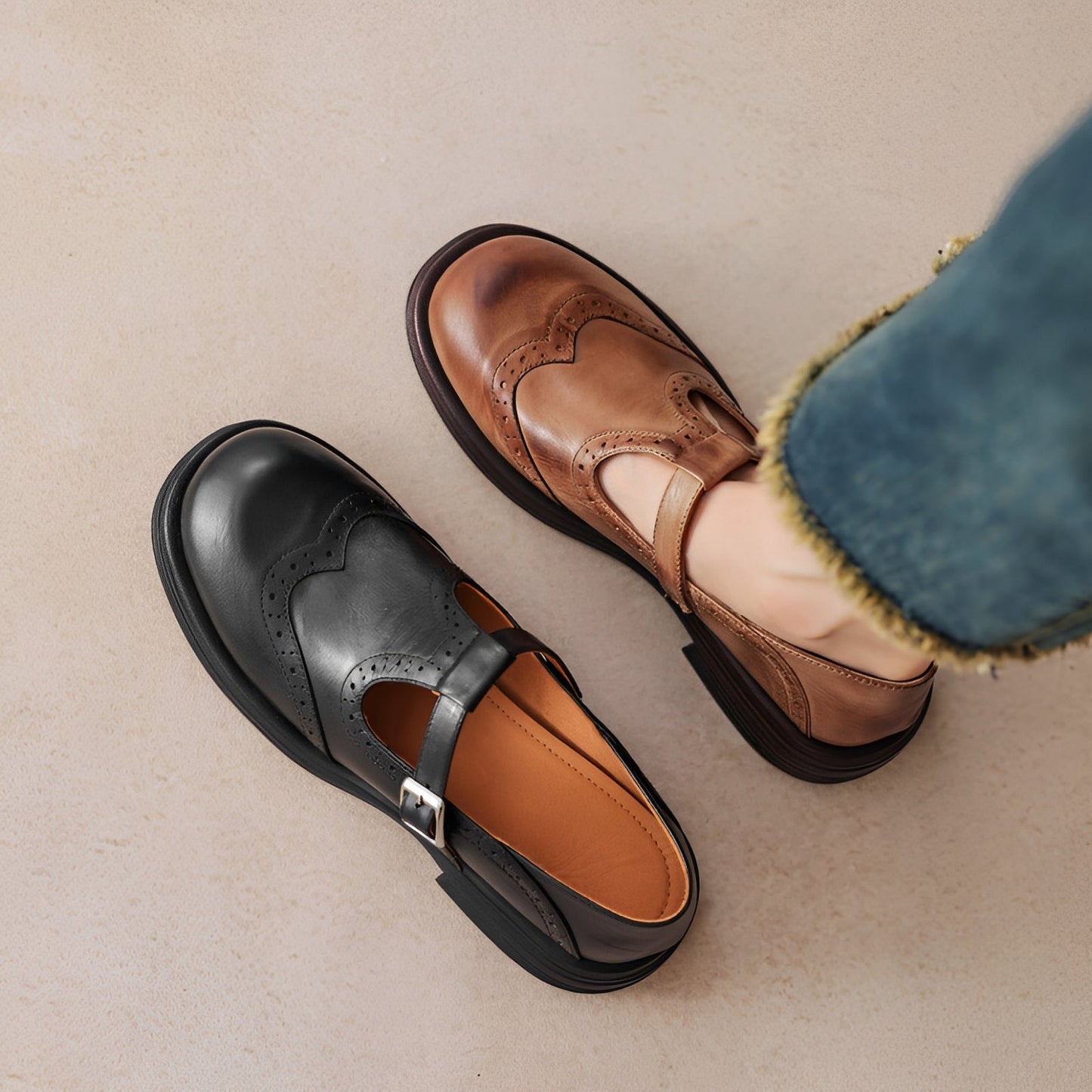 Erika - Dicke Leder-Retro-Schuhe für Damen