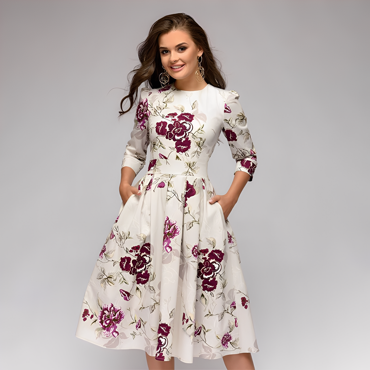 Elisabeth - Schickes Damenkleid mit langen Ärmeln und Blumendesign