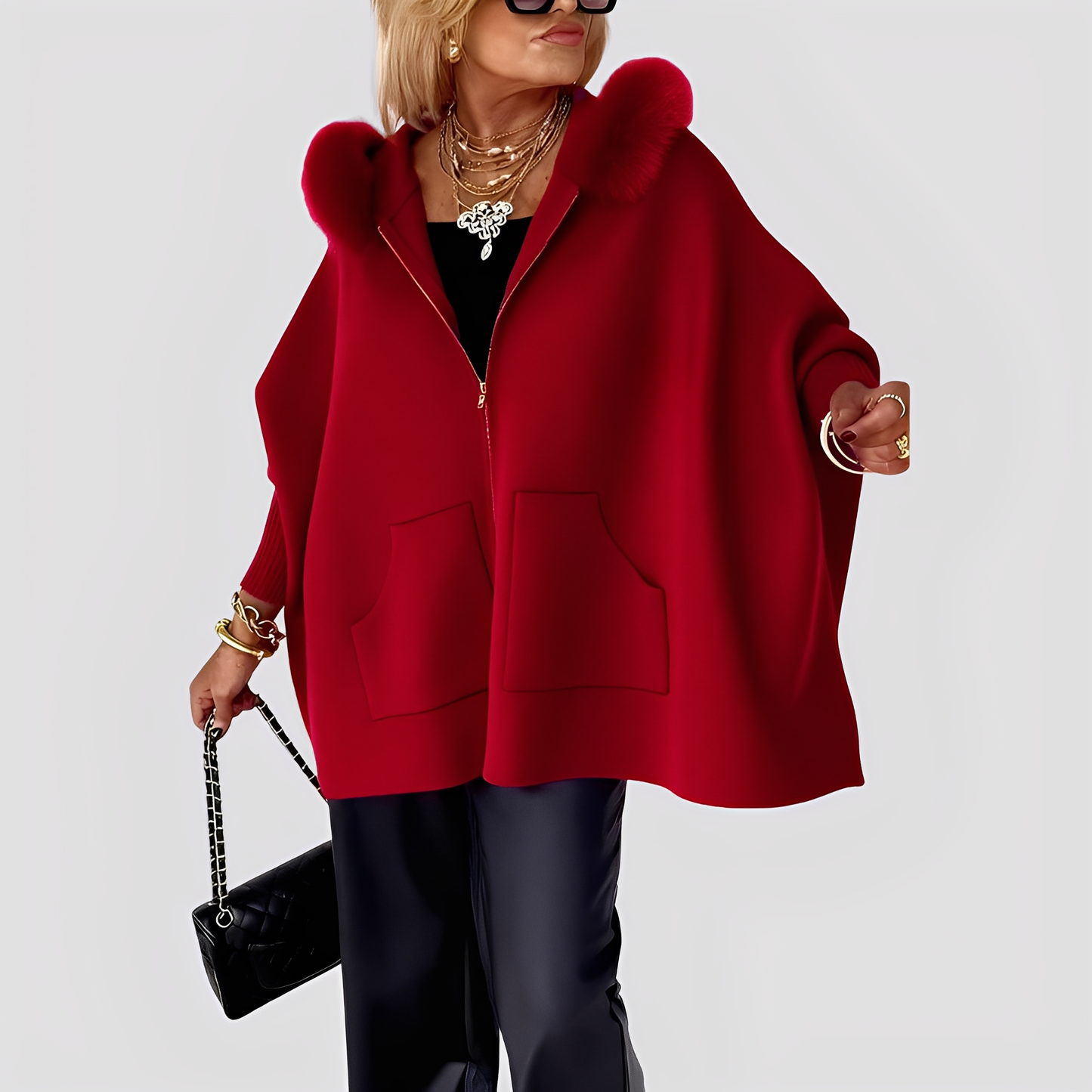 Elvena - Eleganter Damen-Kunstfellmantel mit Kapuze