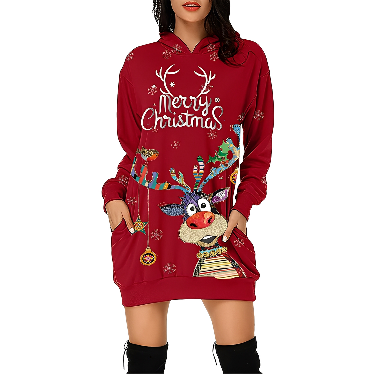 Georgia - Schickes Damen-Weihnachtskapuzenkleid mit Print