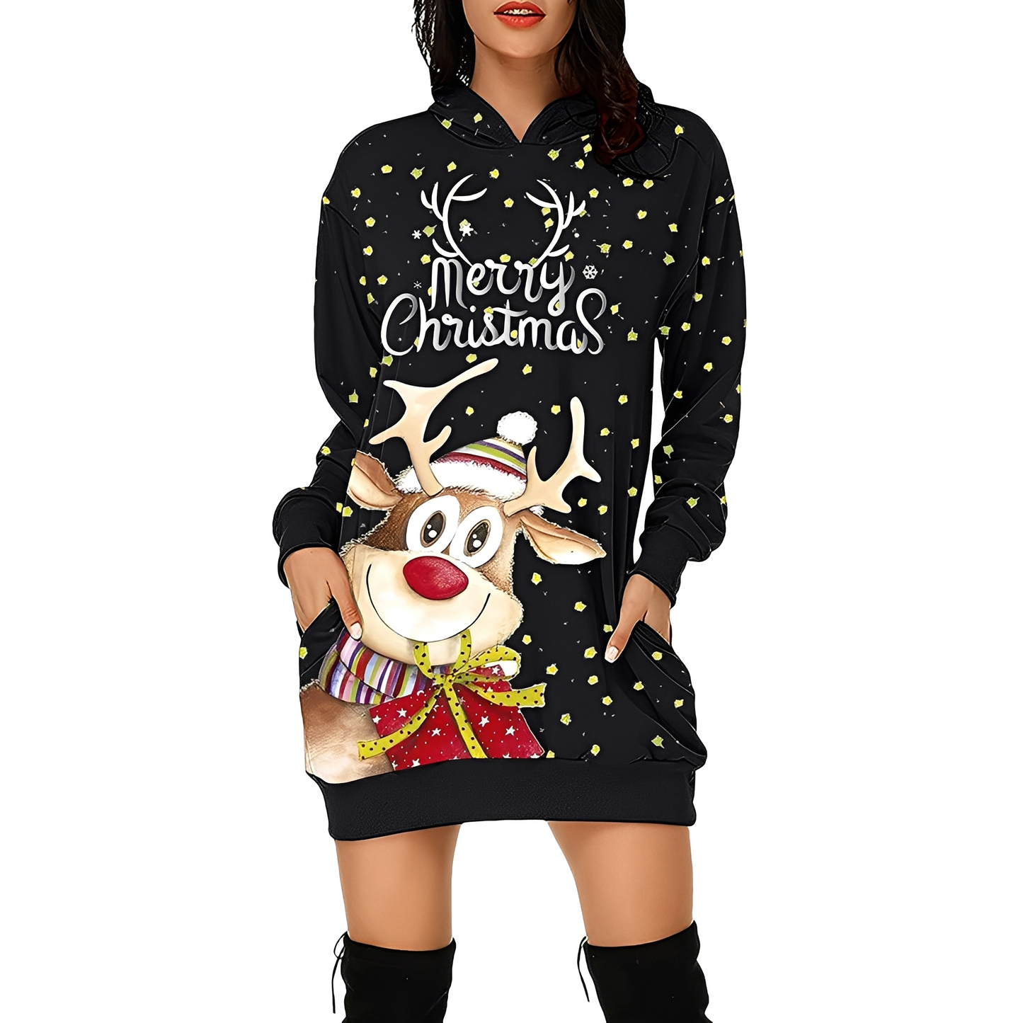 Georgia - Schickes Damen-Weihnachtskapuzenkleid mit Print