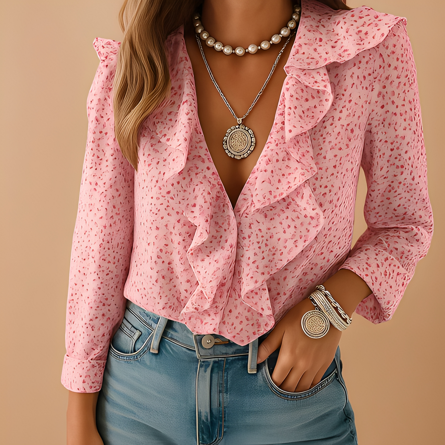 Aleida - Damenbluse mit langen Ärmeln und Rüschen