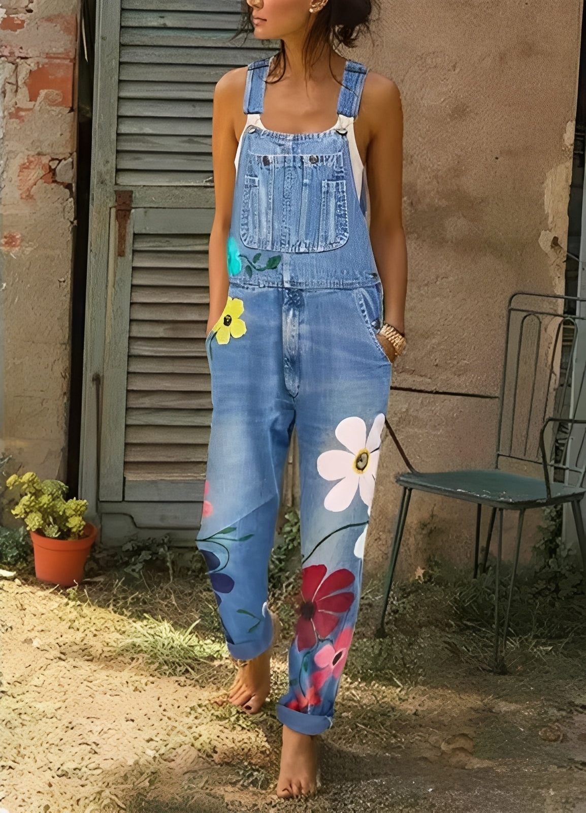Emilia - Denim jumpsuit with floral pattern for women