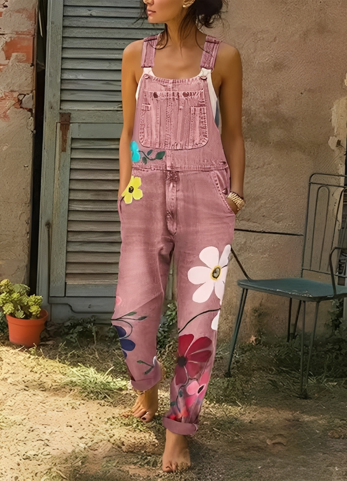 Emilia - Denim jumpsuit with floral pattern for women